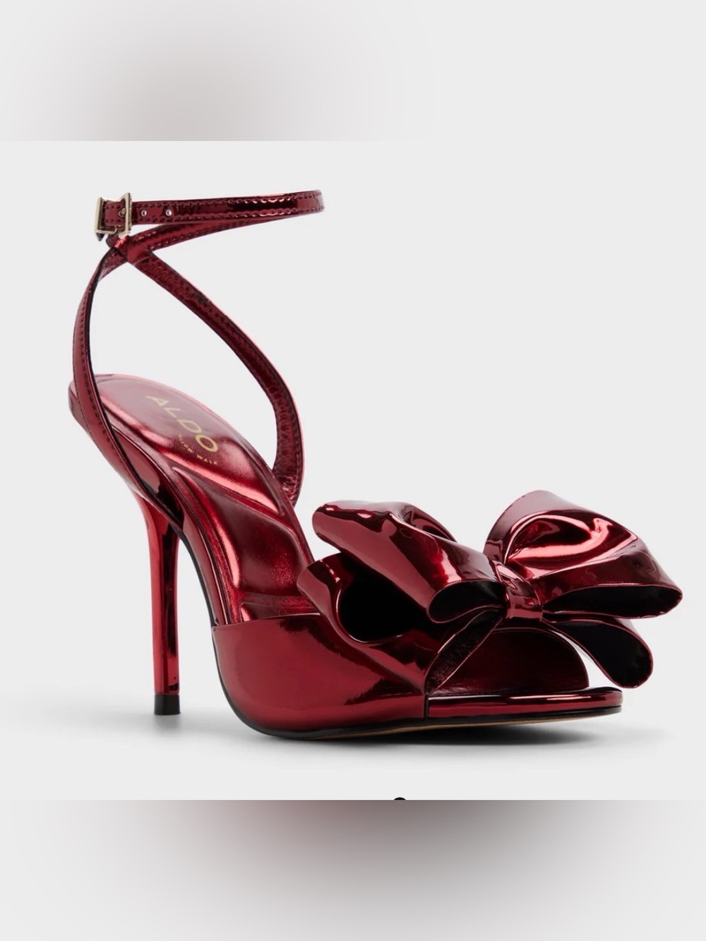 Aldo Metallic Cherry Red Bow Stiletto Sandals